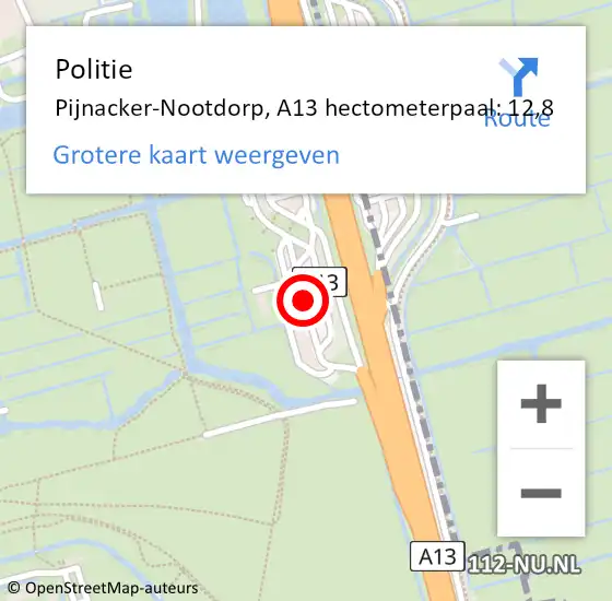 Locatie op kaart van de 112 melding: Politie Pijnacker-Nootdorp, A13 hectometerpaal: 12,8 op 14 augustus 2024 14:22