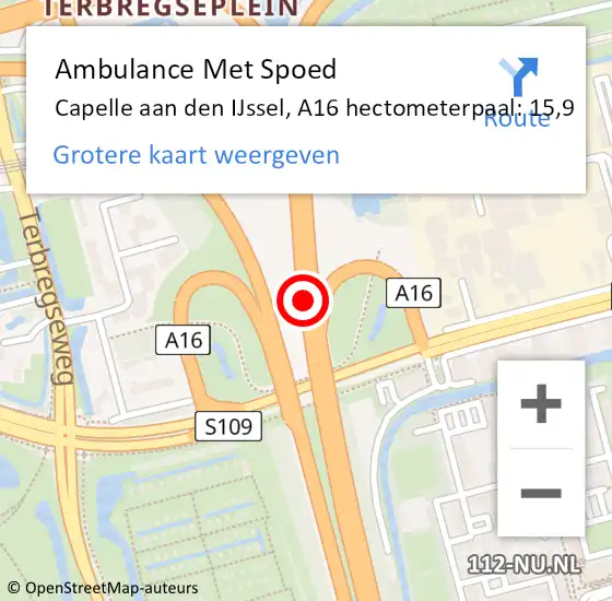 Locatie op kaart van de 112 melding: Ambulance Met Spoed Naar Capelle aan den IJssel, A16 hectometerpaal: 15,9 op 14 augustus 2024 14:29