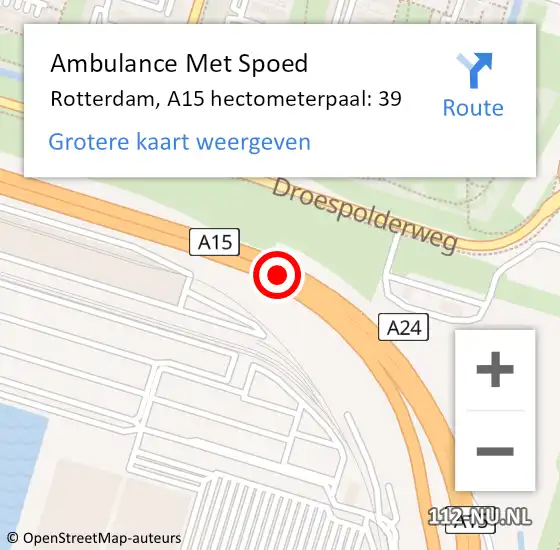 Locatie op kaart van de 112 melding: Ambulance Met Spoed Naar Rotterdam, A15 hectometerpaal: 39 op 14 augustus 2024 15:42