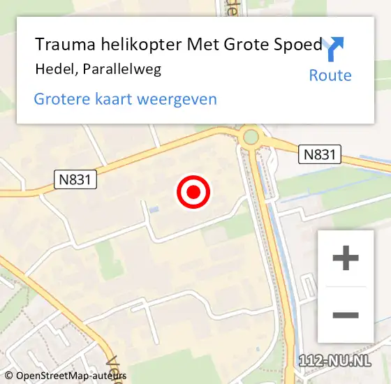 Locatie op kaart van de 112 melding: Trauma helikopter Met Grote Spoed Naar Hedel, Parallelweg op 14 augustus 2024 15:47