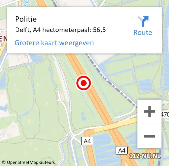 Locatie op kaart van de 112 melding: Politie Midden-Delfland, A4 hectometerpaal: 56,5 op 14 augustus 2024 16:07