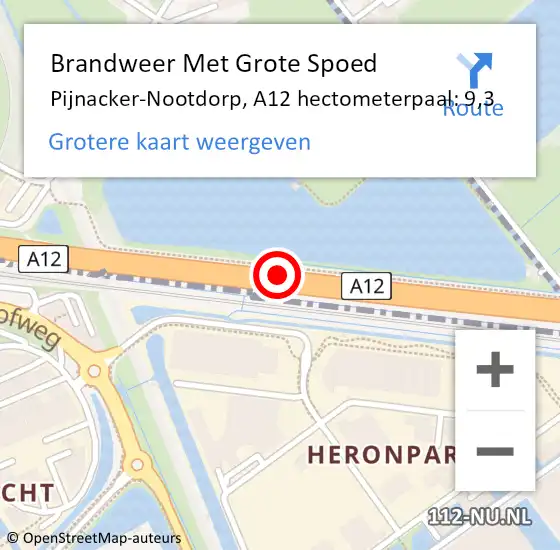 Locatie op kaart van de 112 melding: Brandweer Met Grote Spoed Naar Pijnacker-Nootdorp, A12 hectometerpaal: 9,3 op 14 augustus 2024 16:09