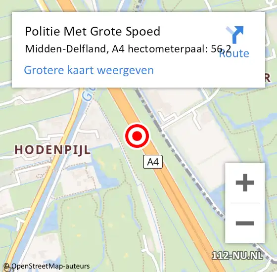 Locatie op kaart van de 112 melding: Politie Met Grote Spoed Naar Midden-Delfland, A4 hectometerpaal: 56,2 op 14 augustus 2024 16:19