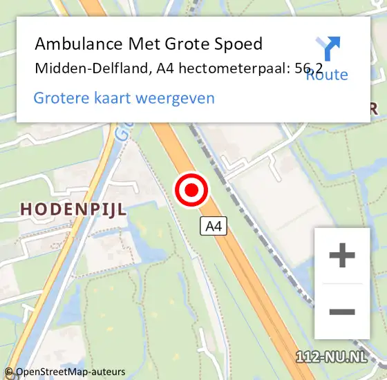 Locatie op kaart van de 112 melding: Ambulance Met Grote Spoed Naar Midden-Delfland, A4 hectometerpaal: 56,2 op 14 augustus 2024 16:22