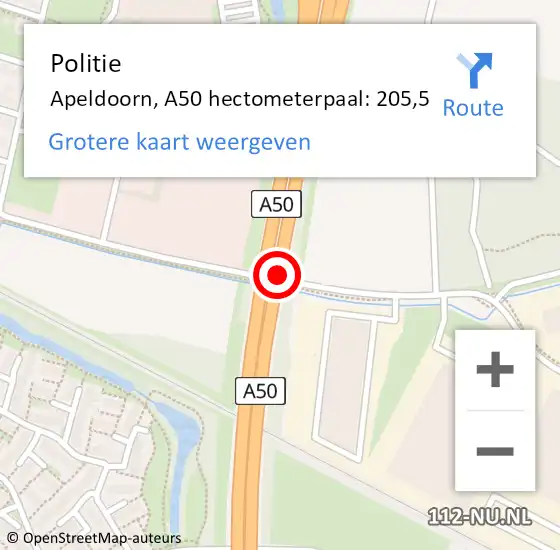 Locatie op kaart van de 112 melding: Politie Apeldoorn, A50 hectometerpaal: 205,5 op 14 augustus 2024 16:54