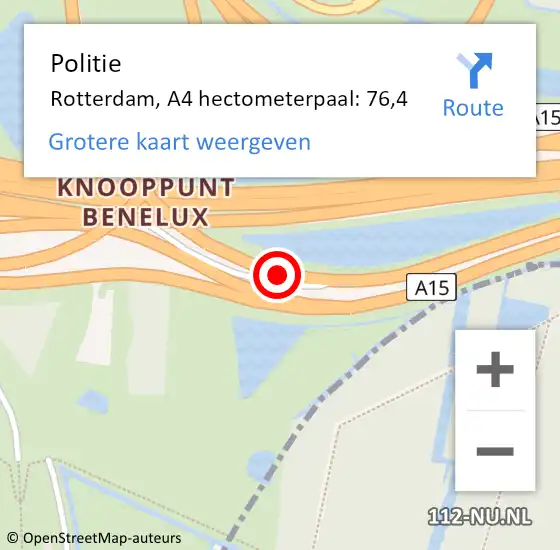 Locatie op kaart van de 112 melding: Politie Rotterdam, A4 hectometerpaal: 76,4 op 14 augustus 2024 16:57