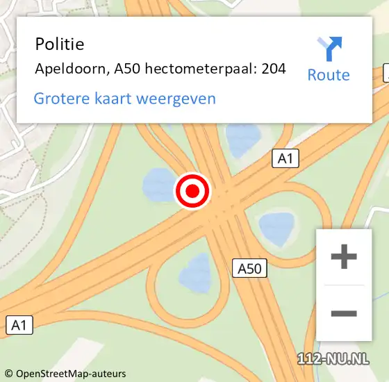 Locatie op kaart van de 112 melding: Politie Apeldoorn, A50 hectometerpaal: 204 op 14 augustus 2024 16:58