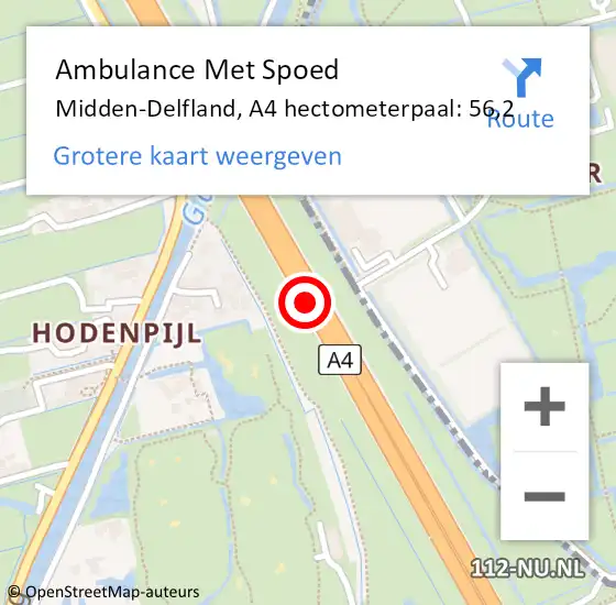 Locatie op kaart van de 112 melding: Ambulance Met Spoed Naar Midden-Delfland, A4 hectometerpaal: 56,2 op 14 augustus 2024 17:10