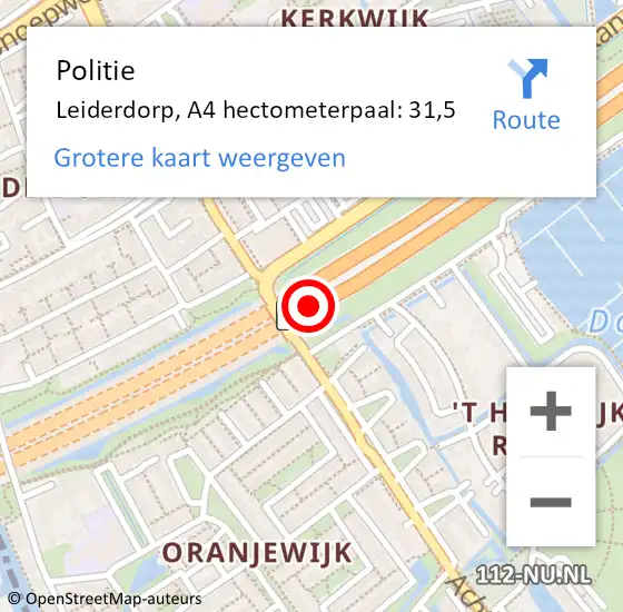 Locatie op kaart van de 112 melding: Politie Leiderdorp, A4 hectometerpaal: 31,5 op 14 augustus 2024 17:55