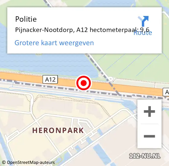 Locatie op kaart van de 112 melding: Politie Pijnacker-Nootdorp, A12 hectometerpaal: 9,6 op 14 augustus 2024 17:56