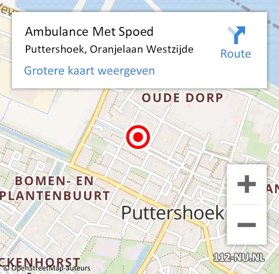 Locatie op kaart van de 112 melding: Ambulance Met Spoed Naar Puttershoek, Oranjelaan Westzijde op 14 augustus 2024 21:35