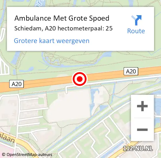 Locatie op kaart van de 112 melding: Ambulance Met Grote Spoed Naar Schiedam, A20 hectometerpaal: 25 op 14 augustus 2024 21:40