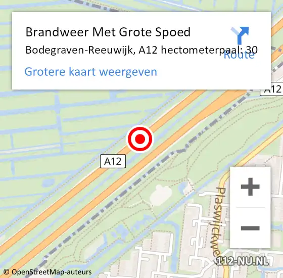 Locatie op kaart van de 112 melding: Brandweer Met Grote Spoed Naar Bodegraven-Reeuwijk, A12 hectometerpaal: 30 op 14 augustus 2024 22:23