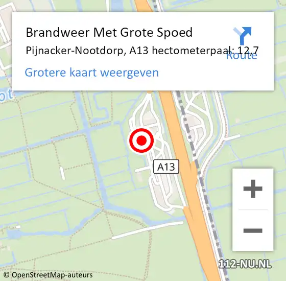 Locatie op kaart van de 112 melding: Brandweer Met Grote Spoed Naar Pijnacker-Nootdorp, A13 hectometerpaal: 12,7 op 14 augustus 2024 22:57