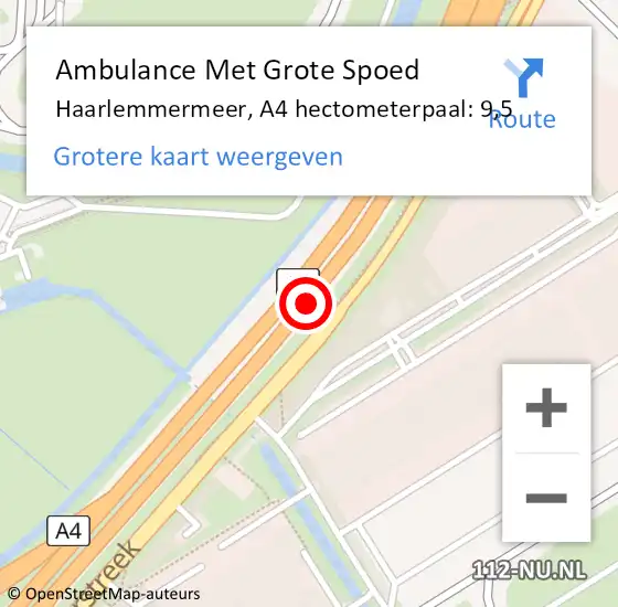 Locatie op kaart van de 112 melding: Ambulance Met Grote Spoed Naar Haarlemmermeer, A4 hectometerpaal: 9,5 op 14 augustus 2024 23:26