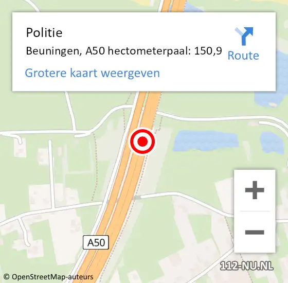 Locatie op kaart van de 112 melding: Politie Beuningen, A50 hectometerpaal: 150,9 op 14 augustus 2024 23:32