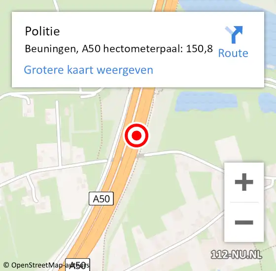 Locatie op kaart van de 112 melding: Politie Beuningen, A50 hectometerpaal: 150,8 op 14 augustus 2024 23:35