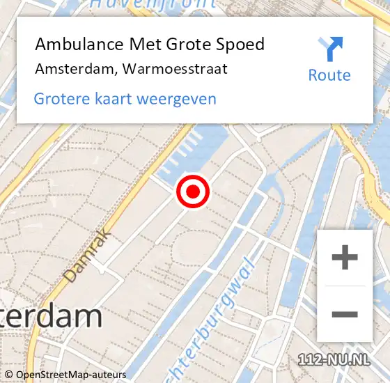 Locatie op kaart van de 112 melding: Ambulance Met Grote Spoed Naar Amsterdam, Warmoesstraat op 15 augustus 2024 02:36