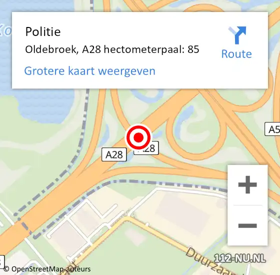 Locatie op kaart van de 112 melding: Politie Oldebroek, A28 hectometerpaal: 85 op 15 augustus 2024 06:36