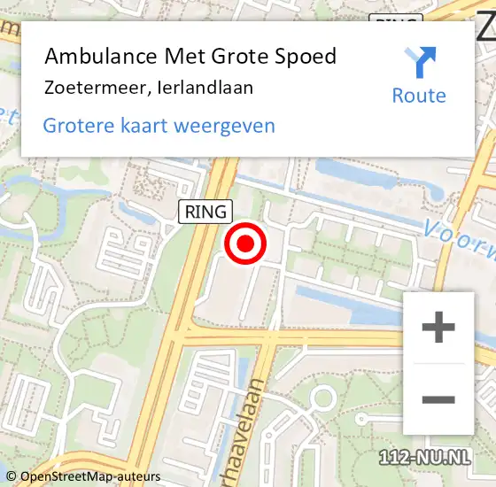 Locatie op kaart van de 112 melding: Ambulance Met Grote Spoed Naar Zoetermeer, Ierlandlaan op 15 augustus 2024 10:18