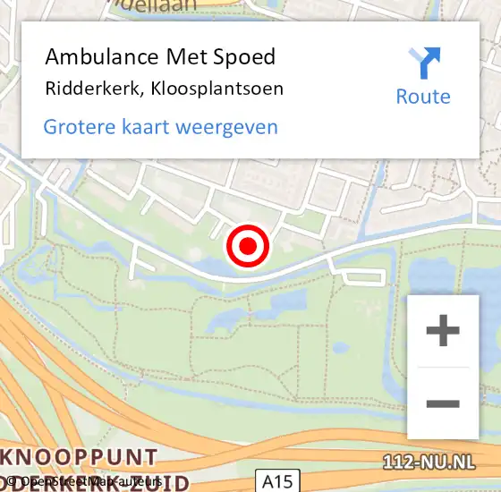 Locatie op kaart van de 112 melding: Ambulance Met Spoed Naar Ridderkerk, Kloosplantsoen op 15 augustus 2024 11:14