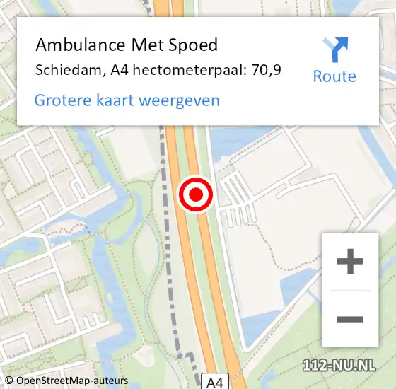 Locatie op kaart van de 112 melding: Ambulance Met Spoed Naar Schiedam, A4 hectometerpaal: 70,9 op 15 augustus 2024 12:37