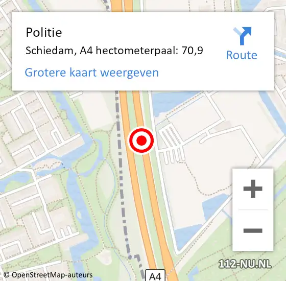 Locatie op kaart van de 112 melding: Politie Schiedam, A4 hectometerpaal: 70,9 op 15 augustus 2024 12:39