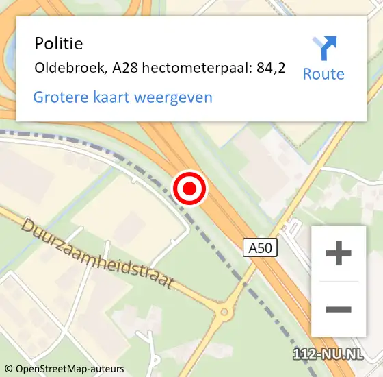 Locatie op kaart van de 112 melding: Politie Oldebroek, A28 hectometerpaal: 84,2 op 15 augustus 2024 13:17