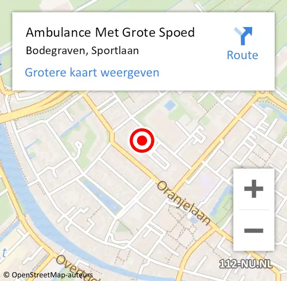 Locatie op kaart van de 112 melding: Ambulance Met Grote Spoed Naar Bodegraven, Sportlaan op 15 augustus 2024 13:38