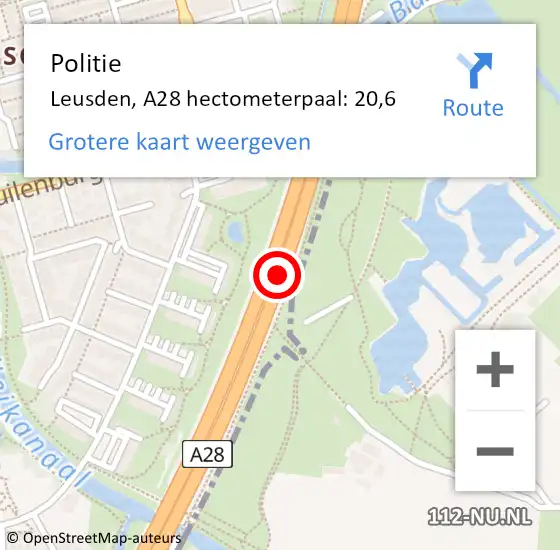 Locatie op kaart van de 112 melding: Politie Leusden, A28 hectometerpaal: 20,6 op 15 augustus 2024 14:11