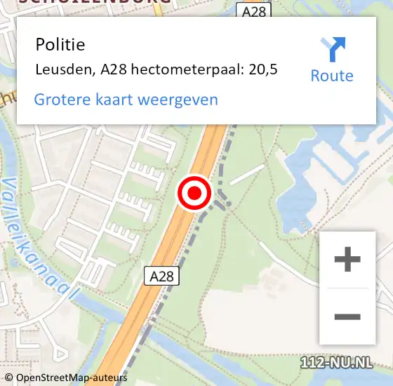 Locatie op kaart van de 112 melding: Politie Leusden, A28 hectometerpaal: 20,5 op 15 augustus 2024 14:11