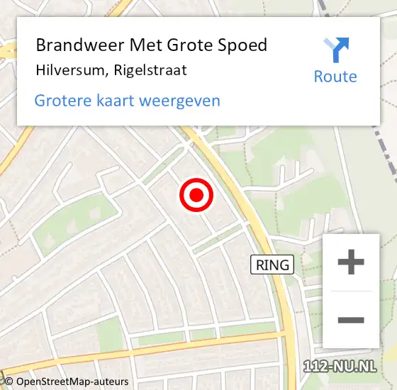 Locatie op kaart van de 112 melding: Brandweer Met Grote Spoed Naar Hilversum, Rigelstraat op 15 augustus 2024 14:29