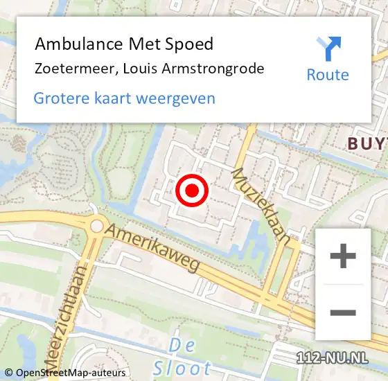 Locatie op kaart van de 112 melding: Ambulance Met Spoed Naar Zoetermeer, Louis Armstrongrode op 15 augustus 2024 15:22