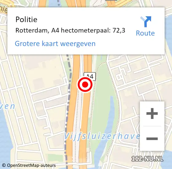 Locatie op kaart van de 112 melding: Politie Rotterdam, A4 hectometerpaal: 72,3 op 15 augustus 2024 15:34