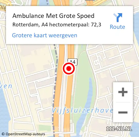 Locatie op kaart van de 112 melding: Ambulance Met Grote Spoed Naar Rotterdam, A4 hectometerpaal: 72,3 op 15 augustus 2024 15:40