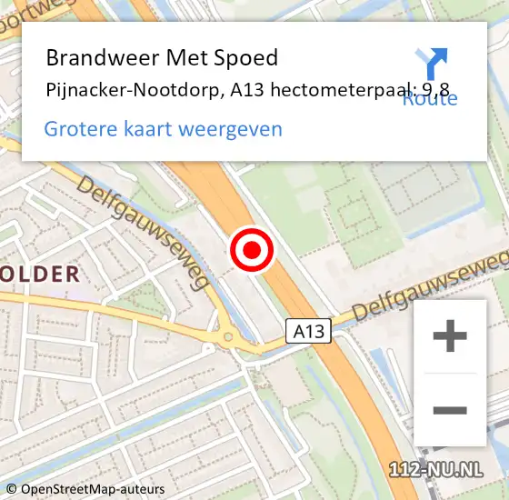 Locatie op kaart van de 112 melding: Brandweer Met Spoed Naar Pijnacker-Nootdorp, A13 hectometerpaal: 9,8 op 15 augustus 2024 15:56