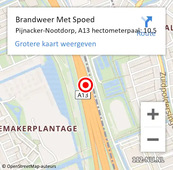 Locatie op kaart van de 112 melding: Brandweer Met Spoed Naar Pijnacker-Nootdorp, A13 hectometerpaal: 10,5 op 15 augustus 2024 15:57