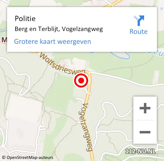 Locatie op kaart van de 112 melding: Politie Berg en Terblijt, Vogelzangweg op 15 augustus 2024 16:11