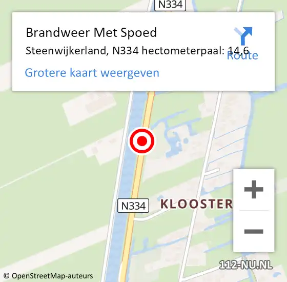 Locatie op kaart van de 112 melding: Brandweer Met Spoed Naar Steenwijkerland, N334 hectometerpaal: 14,6 op 15 augustus 2024 17:08