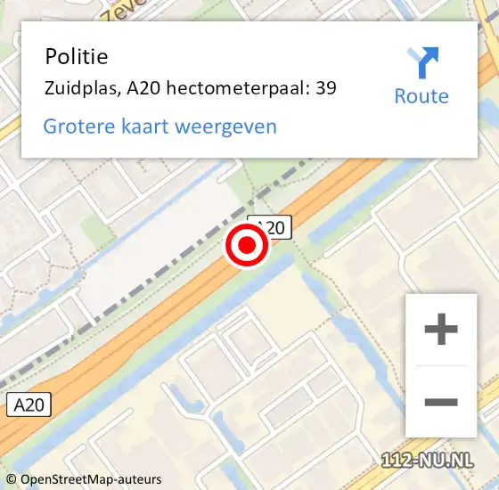 Locatie op kaart van de 112 melding: Politie Zuidplas, A20 hectometerpaal: 39 op 15 augustus 2024 17:16