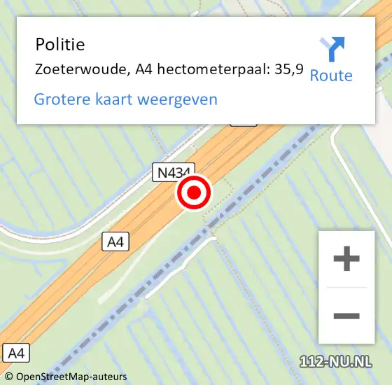 Locatie op kaart van de 112 melding: Politie Zoeterwoude, A4 hectometerpaal: 35,9 op 15 augustus 2024 17:21