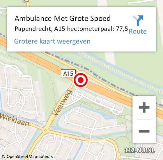 Locatie op kaart van de 112 melding: Ambulance Met Grote Spoed Naar Papendrecht, A15 hectometerpaal: 77,5 op 15 augustus 2024 17:31