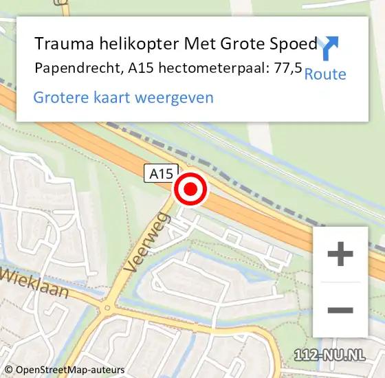 Locatie op kaart van de 112 melding: Trauma helikopter Met Grote Spoed Naar Papendrecht, A15 hectometerpaal: 77,5 op 15 augustus 2024 17:39