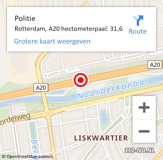 Locatie op kaart van de 112 melding: Politie Rotterdam, A20 hectometerpaal: 31,6 op 15 augustus 2024 18:27