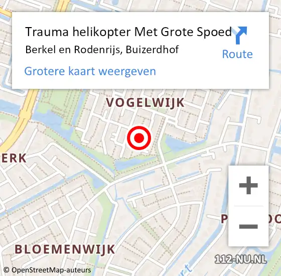 Locatie op kaart van de 112 melding: Trauma helikopter Met Grote Spoed Naar Berkel en Rodenrijs, Buizerdhof op 15 augustus 2024 18:29