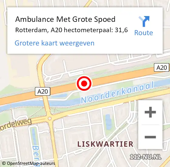 Locatie op kaart van de 112 melding: Ambulance Met Grote Spoed Naar Rotterdam, A20 hectometerpaal: 31,6 op 15 augustus 2024 18:45