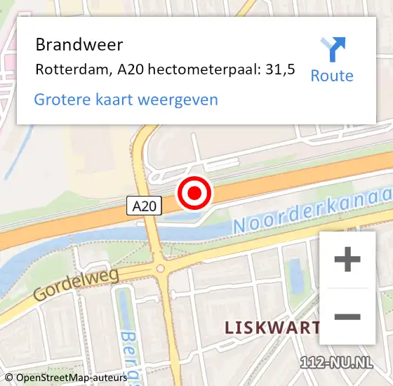 Locatie op kaart van de 112 melding: Brandweer Rotterdam, A20 hectometerpaal: 31,5 op 15 augustus 2024 18:46