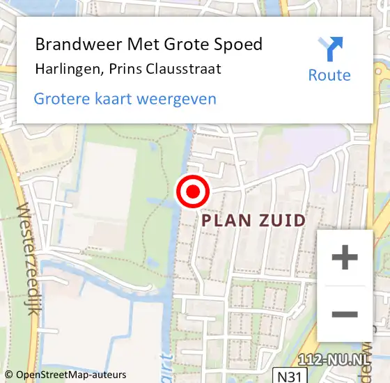 Locatie op kaart van de 112 melding: Brandweer Met Grote Spoed Naar Harlingen, Prins Clausstraat op 15 augustus 2024 19:12