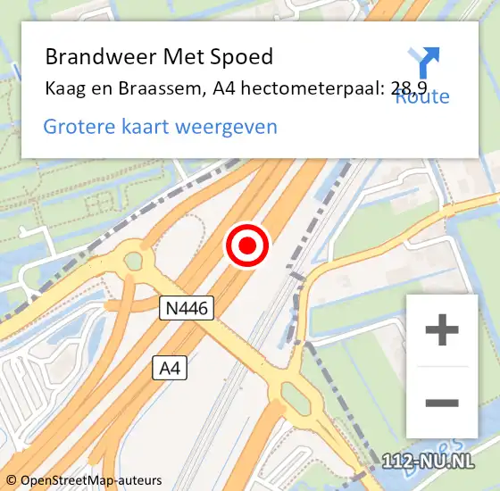 Locatie op kaart van de 112 melding: Brandweer Met Spoed Naar Kaag en Braassem, A4 hectometerpaal: 28,9 op 15 augustus 2024 21:10