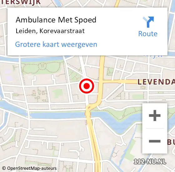 Locatie op kaart van de 112 melding: Ambulance Met Spoed Naar Leiden, Korevaarstraat op 15 augustus 2024 21:24